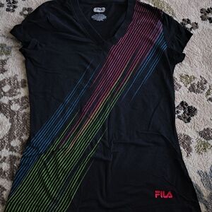 Fila Women's Black V-Neck Tee with Multicolor Stripes